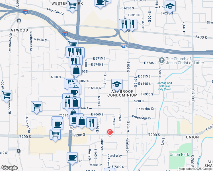 map of restaurants, bars, coffee shops, grocery stores, and more near 6891 South 190 East in Midvale