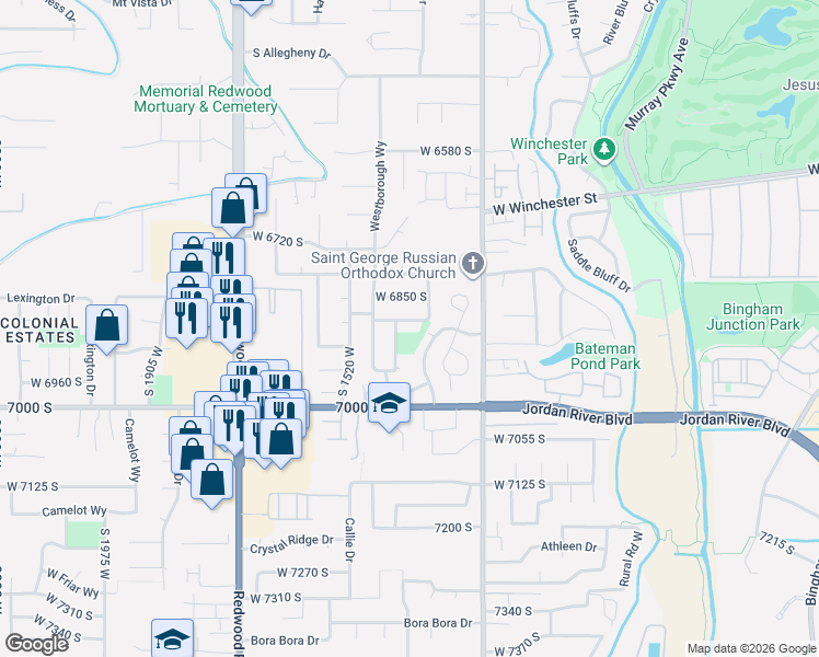 map of restaurants, bars, coffee shops, grocery stores, and more near 6898 South Columbia Drive in West Jordan