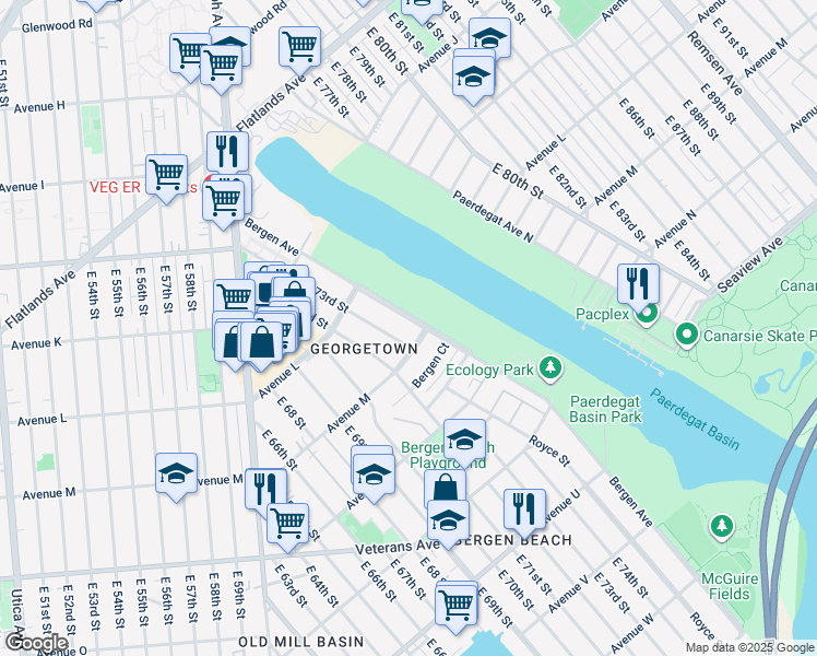 map of restaurants, bars, coffee shops, grocery stores, and more near 7314 Avenue M in Brooklyn