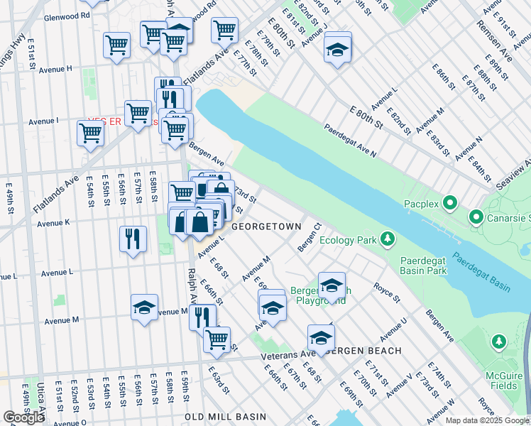map of restaurants, bars, coffee shops, grocery stores, and more near 1214 East 72nd Street in Brooklyn