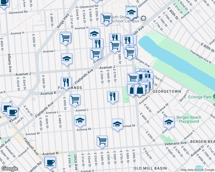 map of restaurants, bars, coffee shops, grocery stores, and more near 1217 East 56th Street in Brooklyn