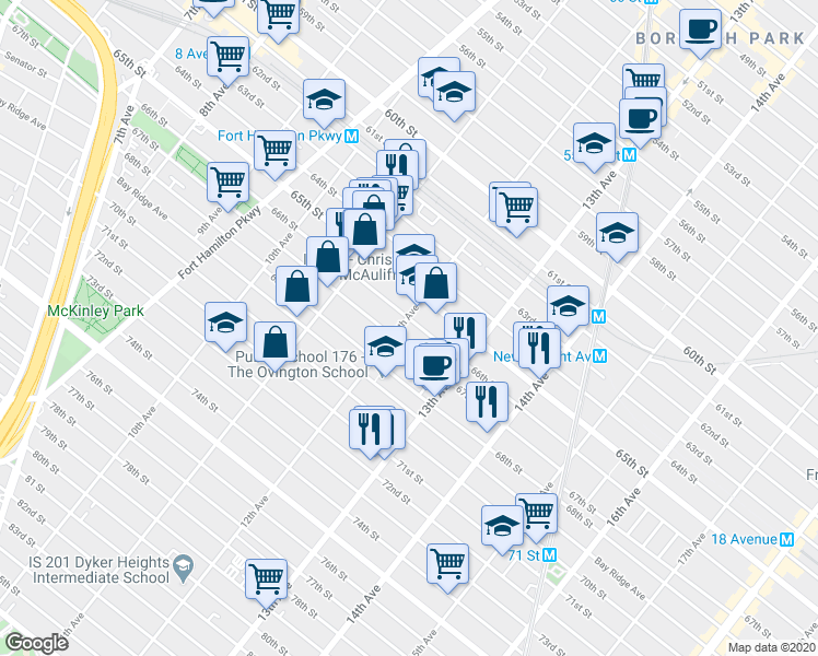 map of restaurants, bars, coffee shops, grocery stores, and more near 1225 67th Street in Brooklyn