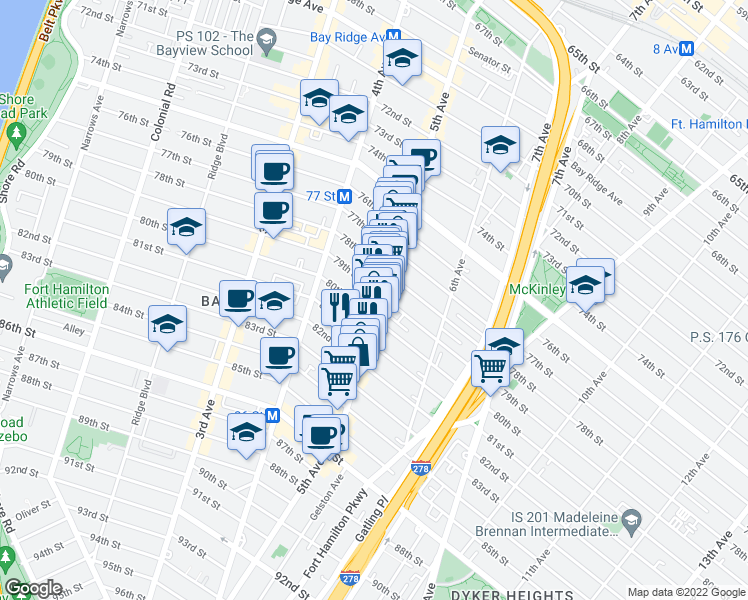 map of restaurants, bars, coffee shops, grocery stores, and more near 516 79th Street in Brooklyn