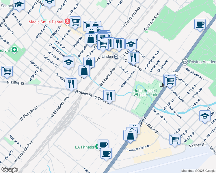 map of restaurants, bars, coffee shops, grocery stores, and more near 301 West Morris Avenue in Linden