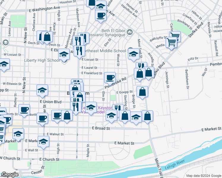 map of restaurants, bars, coffee shops, grocery stores, and more near 517 Goepp Circle in Bethlehem