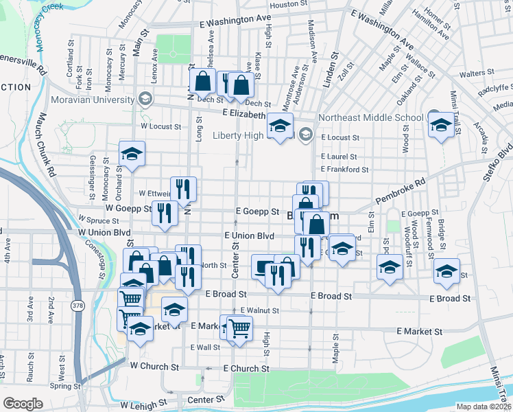 map of restaurants, bars, coffee shops, grocery stores, and more near 901 High Street in Bethlehem