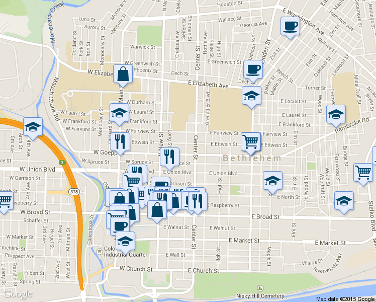 map of restaurants, bars, coffee shops, grocery stores, and more near 46 East Goepp Street in Bethlehem