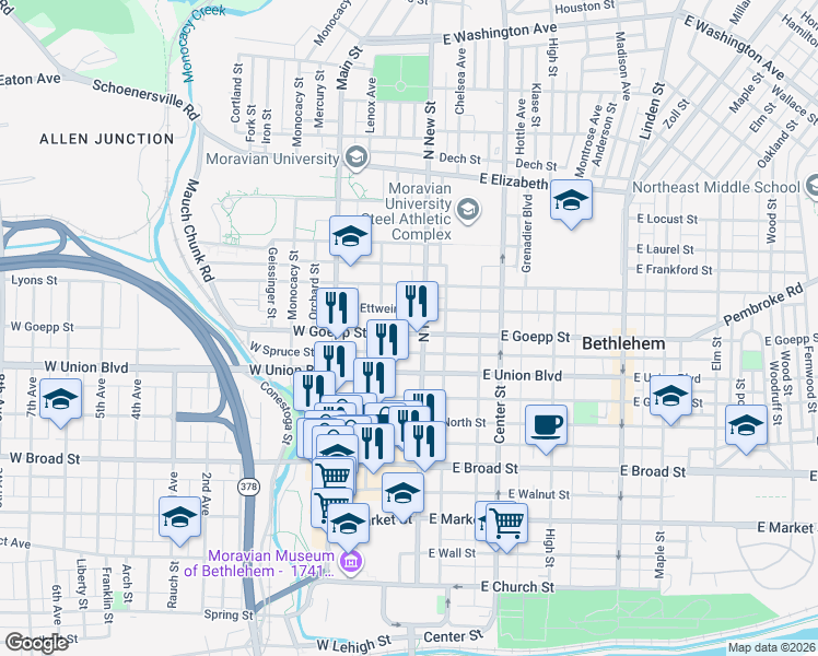 map of restaurants, bars, coffee shops, grocery stores, and more near 33 West Goepp Street in Bethlehem