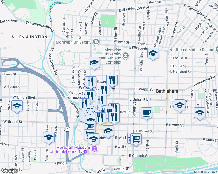 map of restaurants, bars, coffee shops, grocery stores, and more near 33 West Goepp Street in Bethlehem