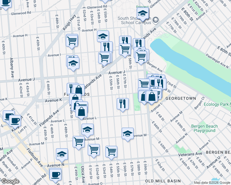 map of restaurants, bars, coffee shops, grocery stores, and more near 5420 K Avenue in Brooklyn