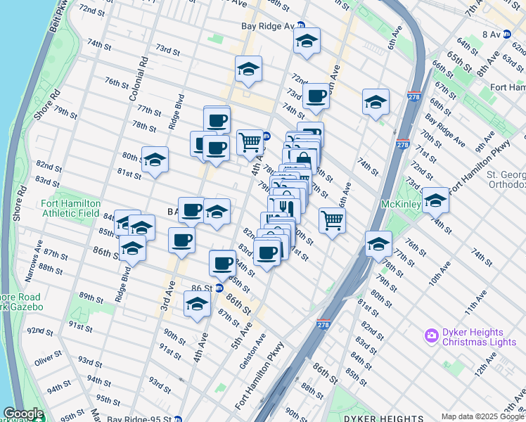 map of restaurants, bars, coffee shops, grocery stores, and more near 464 80th Street in Brooklyn
