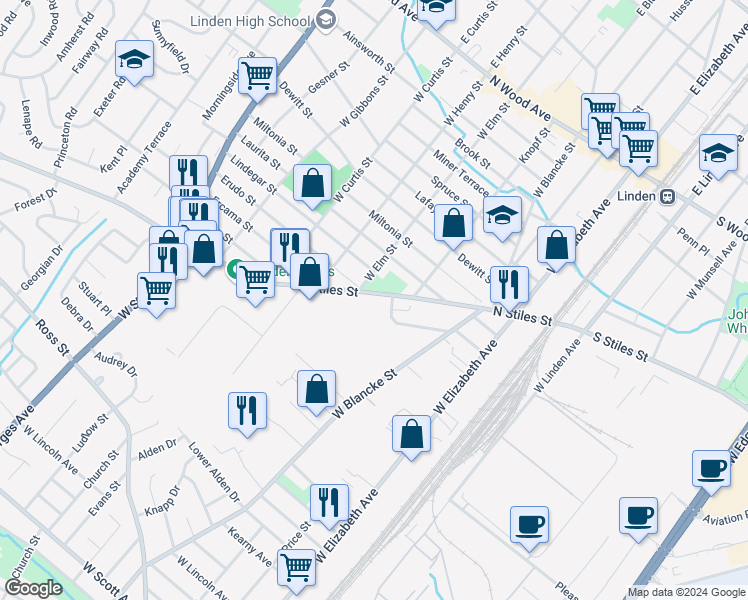 map of restaurants, bars, coffee shops, grocery stores, and more near 447 North Stiles Street in Linden