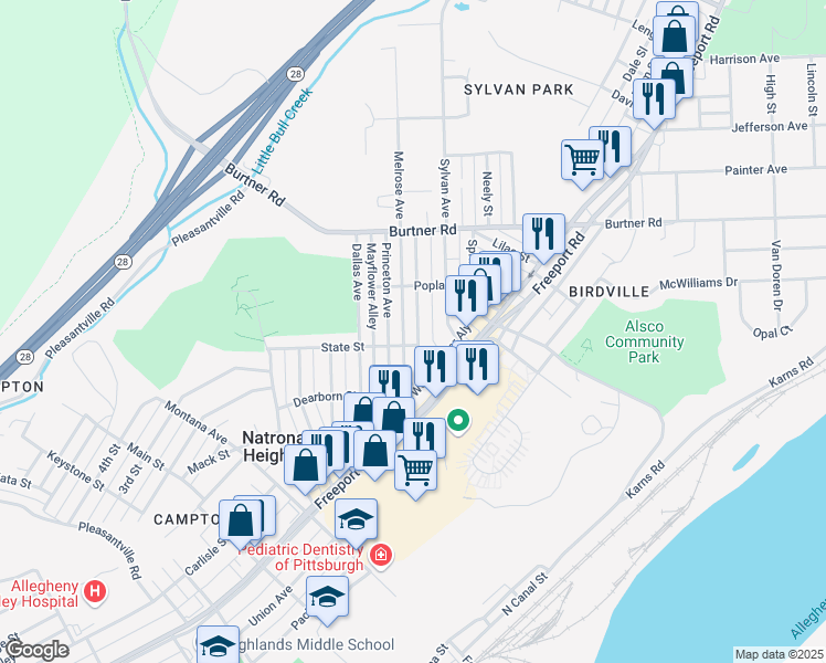map of restaurants, bars, coffee shops, grocery stores, and more near 1305 Pennsylvania Avenue in Natrona Heights