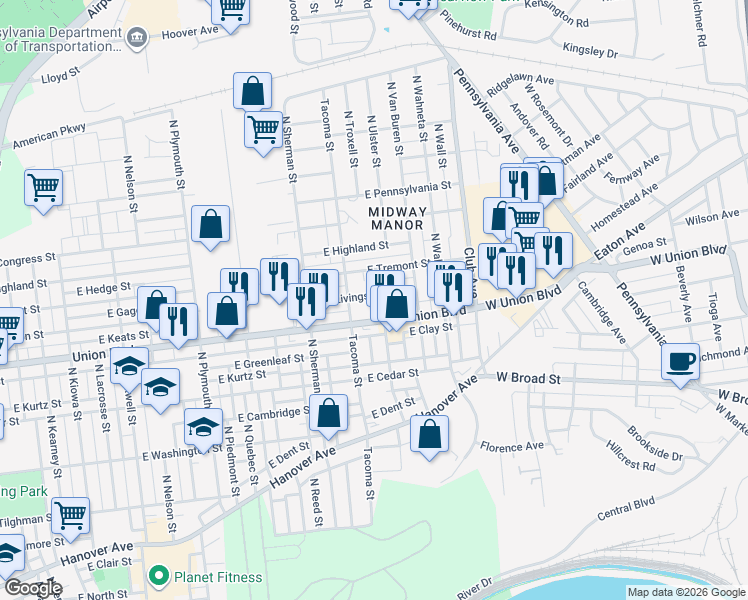map of restaurants, bars, coffee shops, grocery stores, and more near 2001 Union Boulevard in Allentown