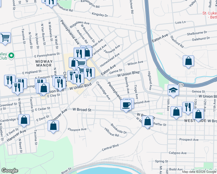 map of restaurants, bars, coffee shops, grocery stores, and more near 815 Pennsylvania Avenue in Bethlehem
