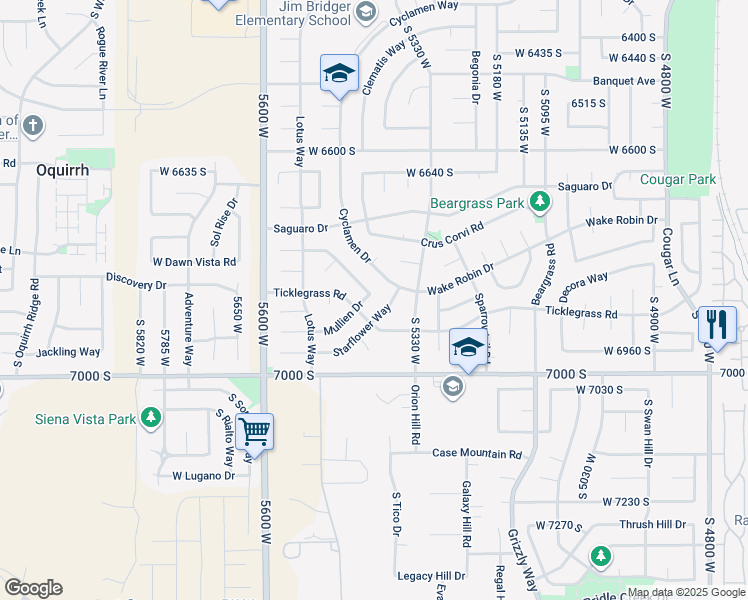 map of restaurants, bars, coffee shops, grocery stores, and more near 6853 Mullien Drive in West Jordan