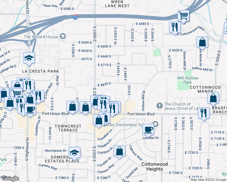map of restaurants, bars, coffee shops, grocery stores, and more near 2400 East 6895 South in Cottonwood Heights