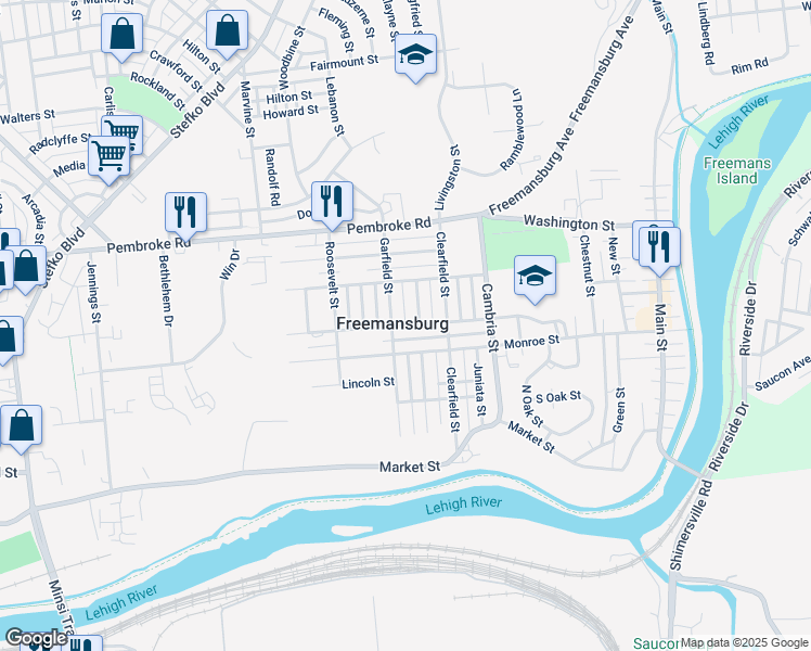 map of restaurants, bars, coffee shops, grocery stores, and more near Kossuth Street in Freemansburg