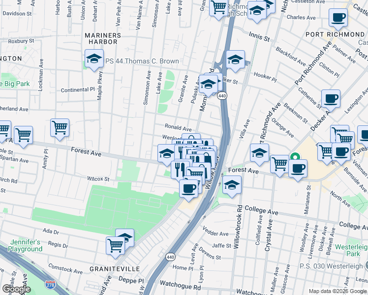 map of restaurants, bars, coffee shops, grocery stores, and more near 20 Westbrook Avenue in Staten Island