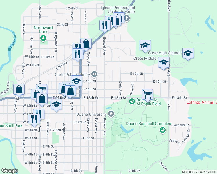 map of restaurants, bars, coffee shops, grocery stores, and more near 1422 Boswell Avenue in Crete