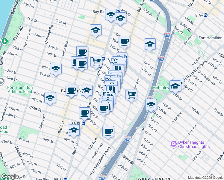 map of restaurants, bars, coffee shops, grocery stores, and more near 516 79th Street in Brooklyn