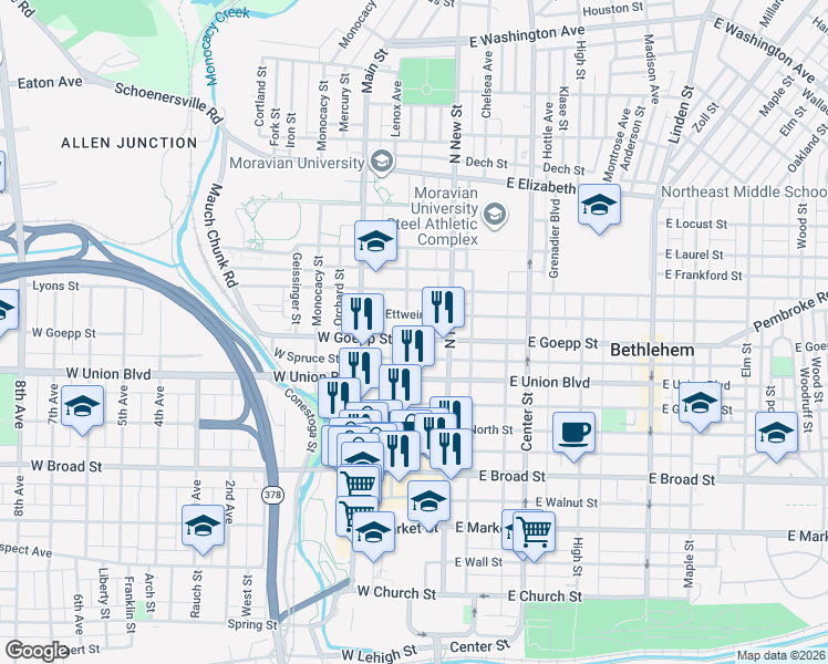 map of restaurants, bars, coffee shops, grocery stores, and more near 36 West Goepp Street in Bethlehem