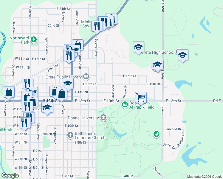 map of restaurants, bars, coffee shops, grocery stores, and more near 1315 Code Avenue in Crete