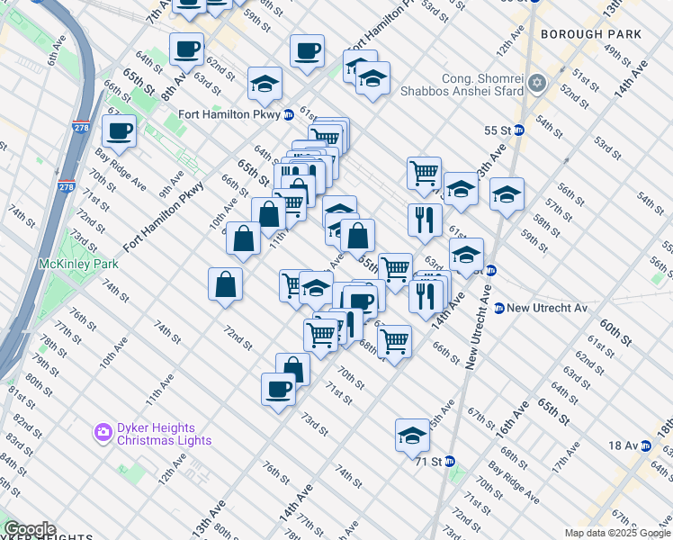 map of restaurants, bars, coffee shops, grocery stores, and more near 1202 66th Street in Brooklyn