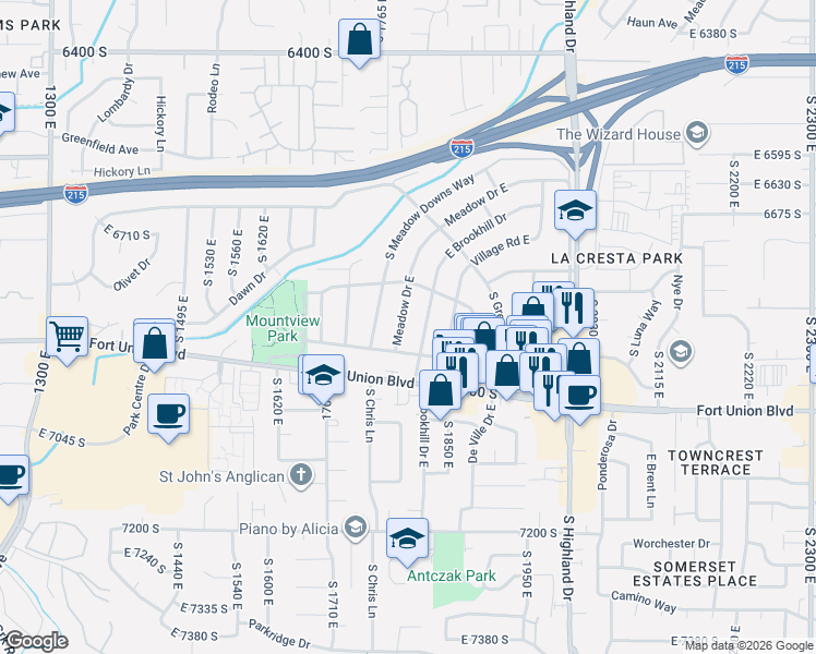 map of restaurants, bars, coffee shops, grocery stores, and more near 6861 Meadow Drive East in Cottonwood Heights