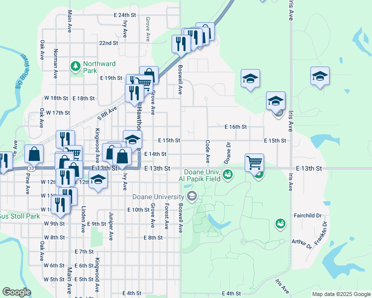 map of restaurants, bars, coffee shops, grocery stores, and more near 1422 Boswell Avenue in Crete