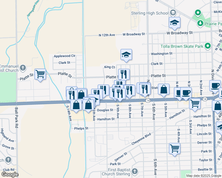 map of restaurants, bars, coffee shops, grocery stores, and more near 1116 West Main Street in Sterling