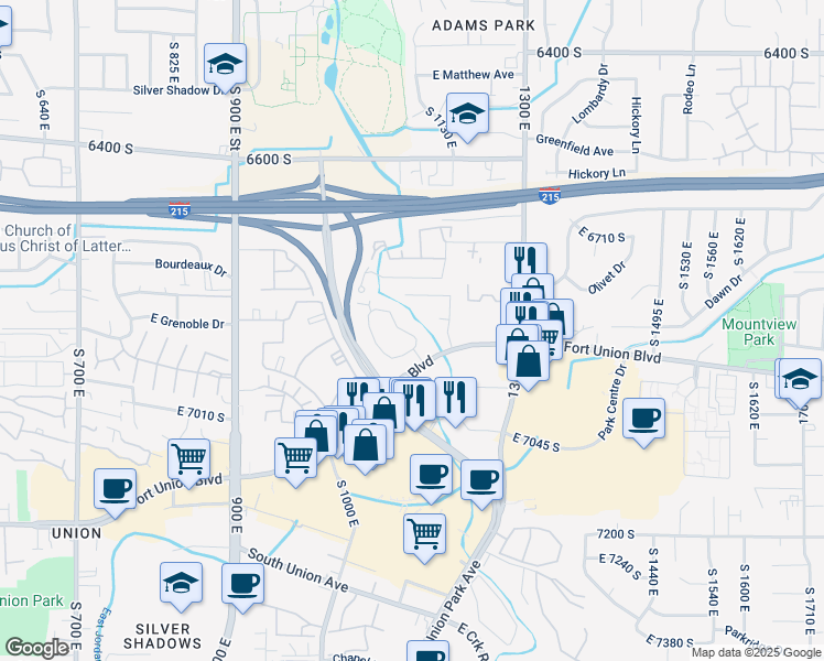 map of restaurants, bars, coffee shops, grocery stores, and more near 6884 Countrywoods Circle in Midvale