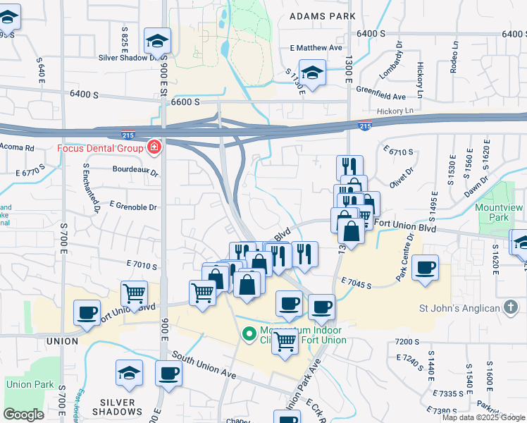 map of restaurants, bars, coffee shops, grocery stores, and more near 6884 Countrywoods Circle in Midvale