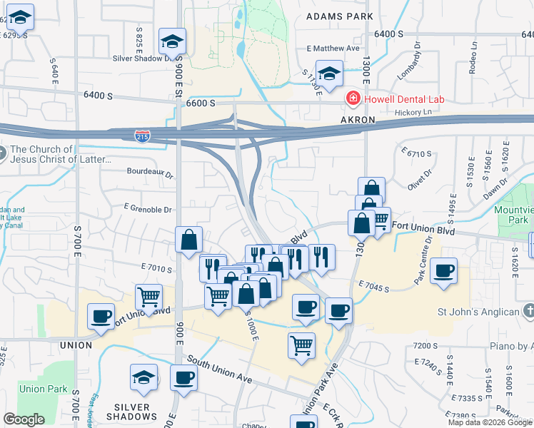 map of restaurants, bars, coffee shops, grocery stores, and more near 6888 Countrywoods Circle in Cottonwood Heights