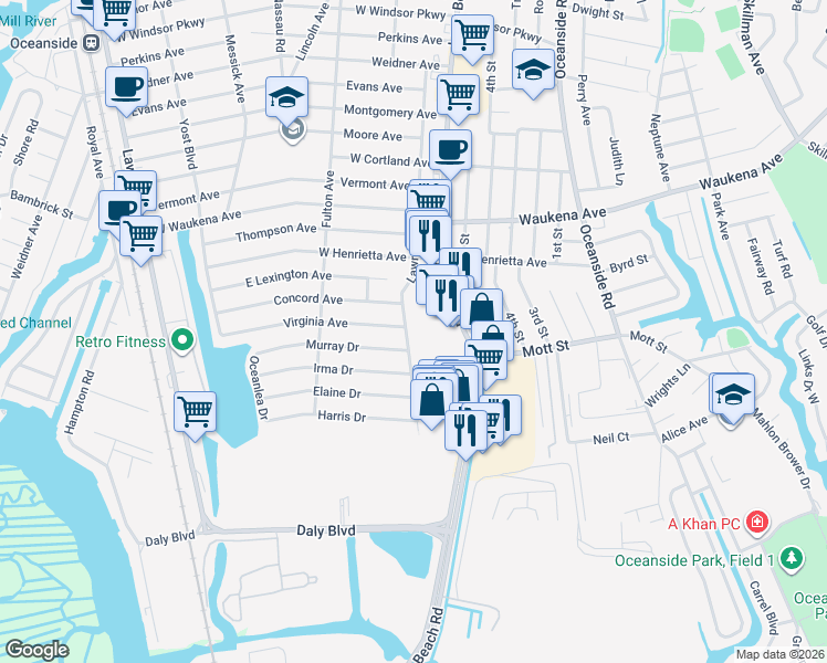 map of restaurants, bars, coffee shops, grocery stores, and more near 32 Murray Drive in Oceanside
