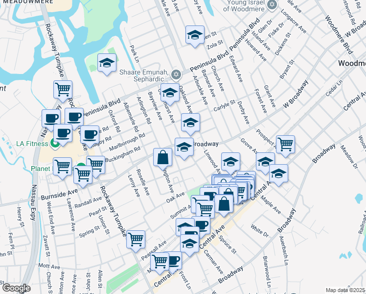 map of restaurants, bars, coffee shops, grocery stores, and more near 337 Cedarhurst Avenue in Cedarhurst