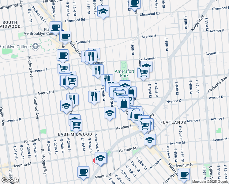 map of restaurants, bars, coffee shops, grocery stores, and more near 1012 East 36th Street in Brooklyn