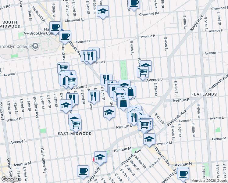 map of restaurants, bars, coffee shops, grocery stores, and more near 1012 East 36th Street in Brooklyn