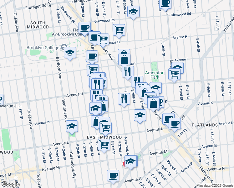 map of restaurants, bars, coffee shops, grocery stores, and more near 1910 New York Avenue in Brooklyn