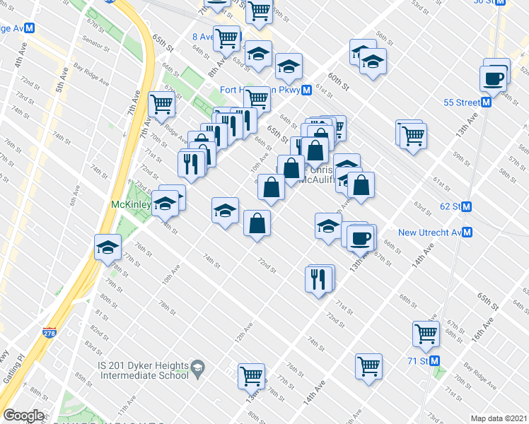 map of restaurants, bars, coffee shops, grocery stores, and more near 6913 11th Avenue in Brooklyn