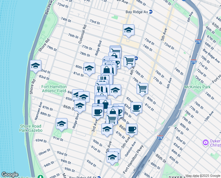 map of restaurants, bars, coffee shops, grocery stores, and more near 8214-8216 3rd Avenue in Brooklyn