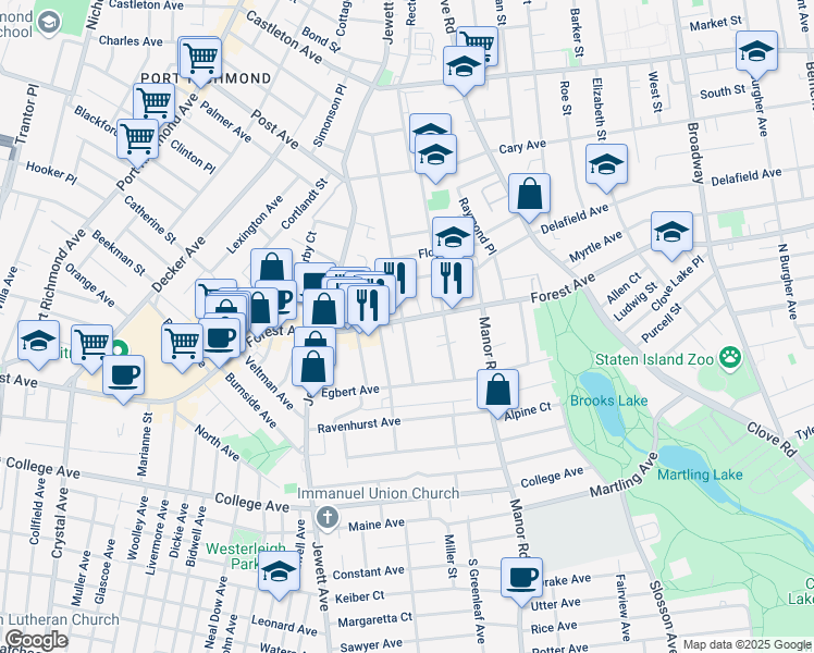 map of restaurants, bars, coffee shops, grocery stores, and more near 204 Dubois Avenue in Staten Island