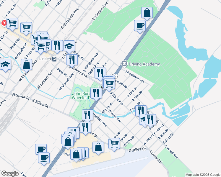 map of restaurants, bars, coffee shops, grocery stores, and more near 937 South Wood Avenue in Linden