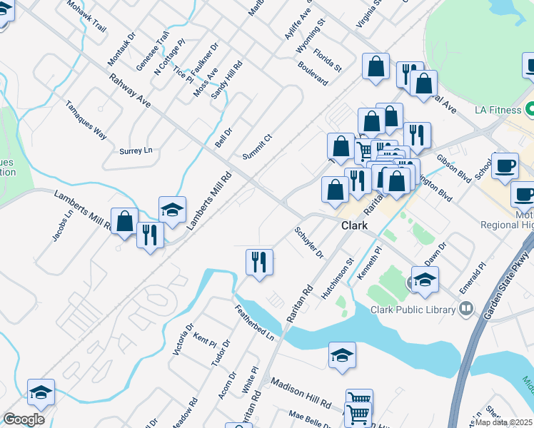 map of restaurants, bars, coffee shops, grocery stores, and more near 1600 Westfield Avenue in Clark