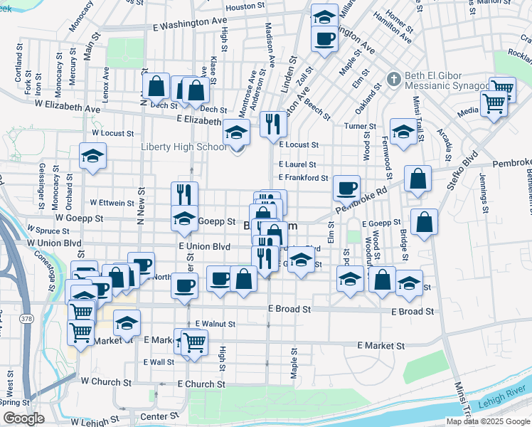 map of restaurants, bars, coffee shops, grocery stores, and more near in Bethlehem