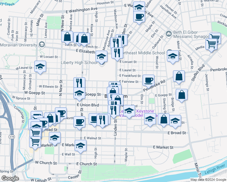 map of restaurants, bars, coffee shops, grocery stores, and more near in Bethlehem