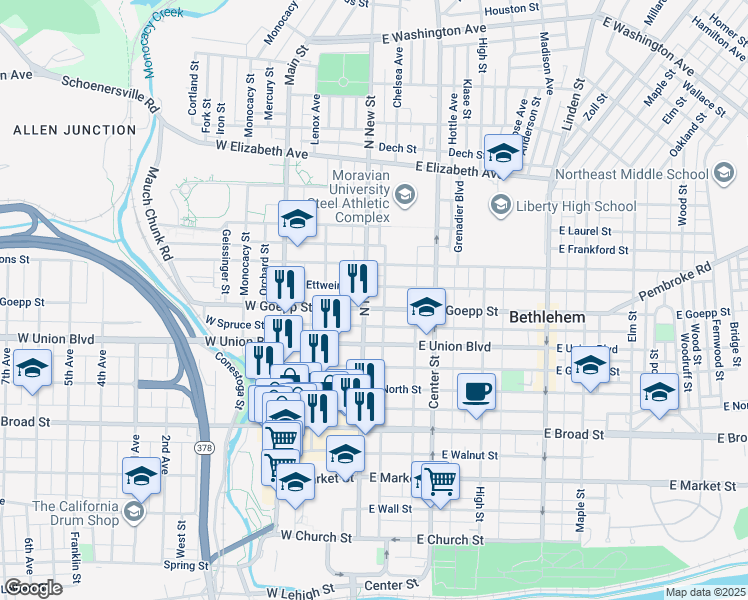 map of restaurants, bars, coffee shops, grocery stores, and more near 838 North New Street in Bethlehem