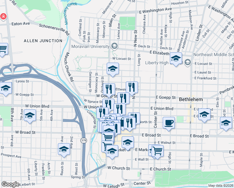 map of restaurants, bars, coffee shops, grocery stores, and more near 73 West Goepp Street in Bethlehem