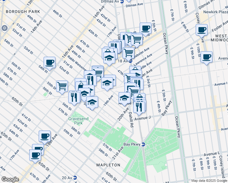 map of restaurants, bars, coffee shops, grocery stores, and more near 1879 51st Street in Brooklyn