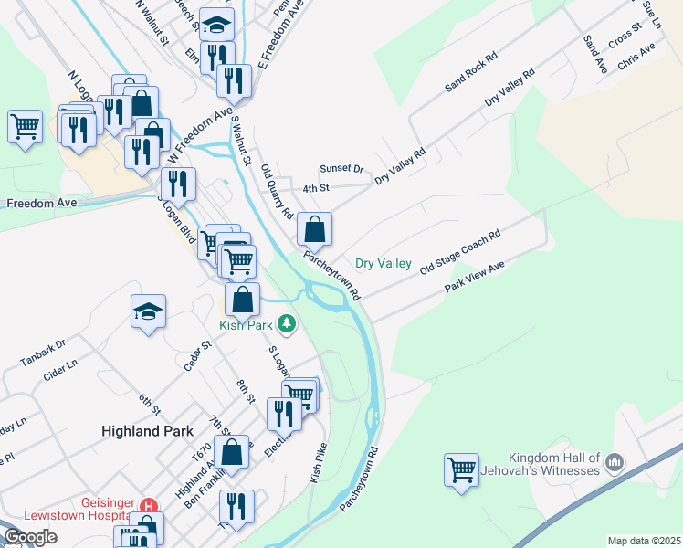 map of restaurants, bars, coffee shops, grocery stores, and more near 982 Parcheytown Road in Lewistown